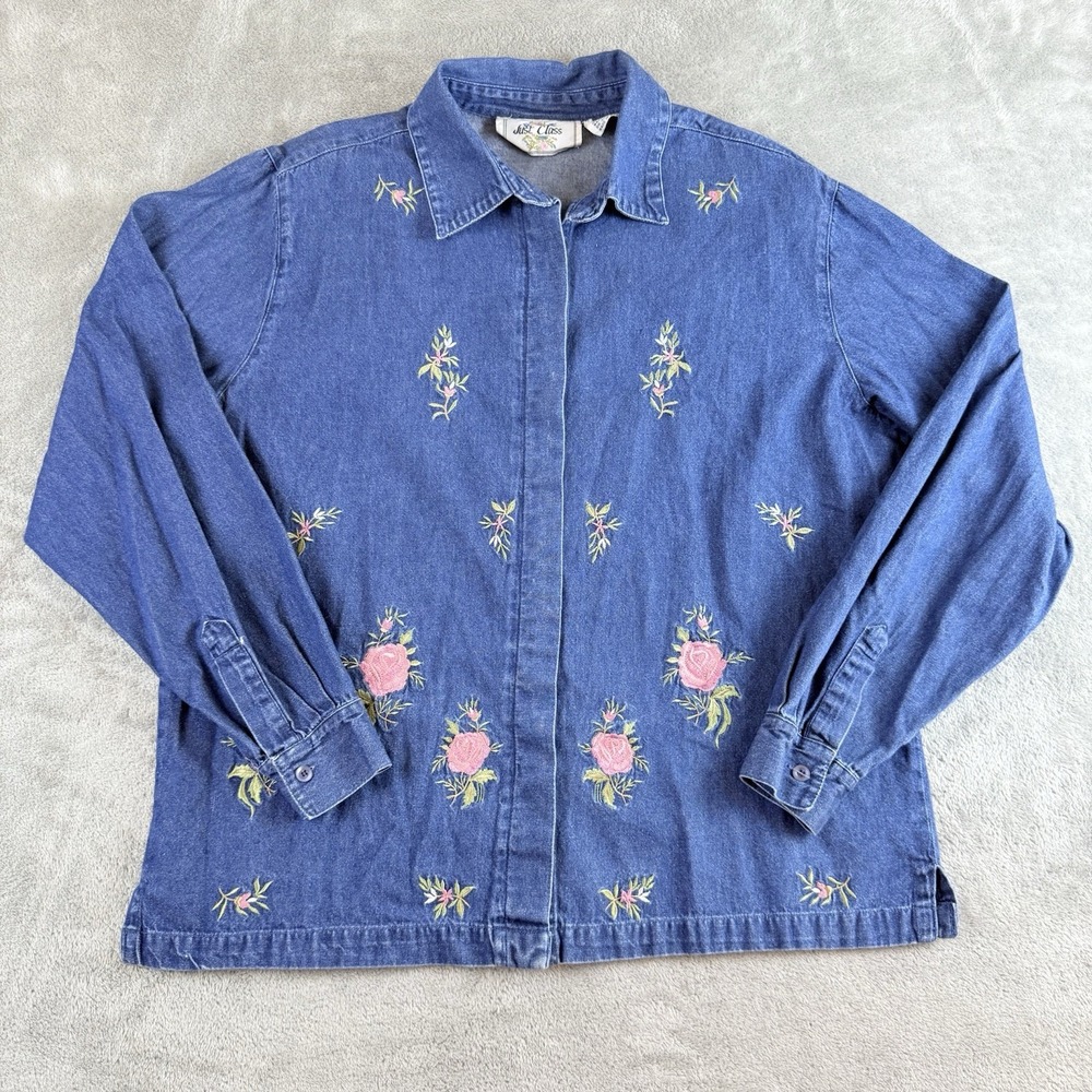 Vintage Just‎ Class Top Womens Large Denim Floral Embroidered Hidden Buttons